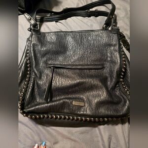 Jessica Simpson Black Leather Shoulder Bag with Silver Accents